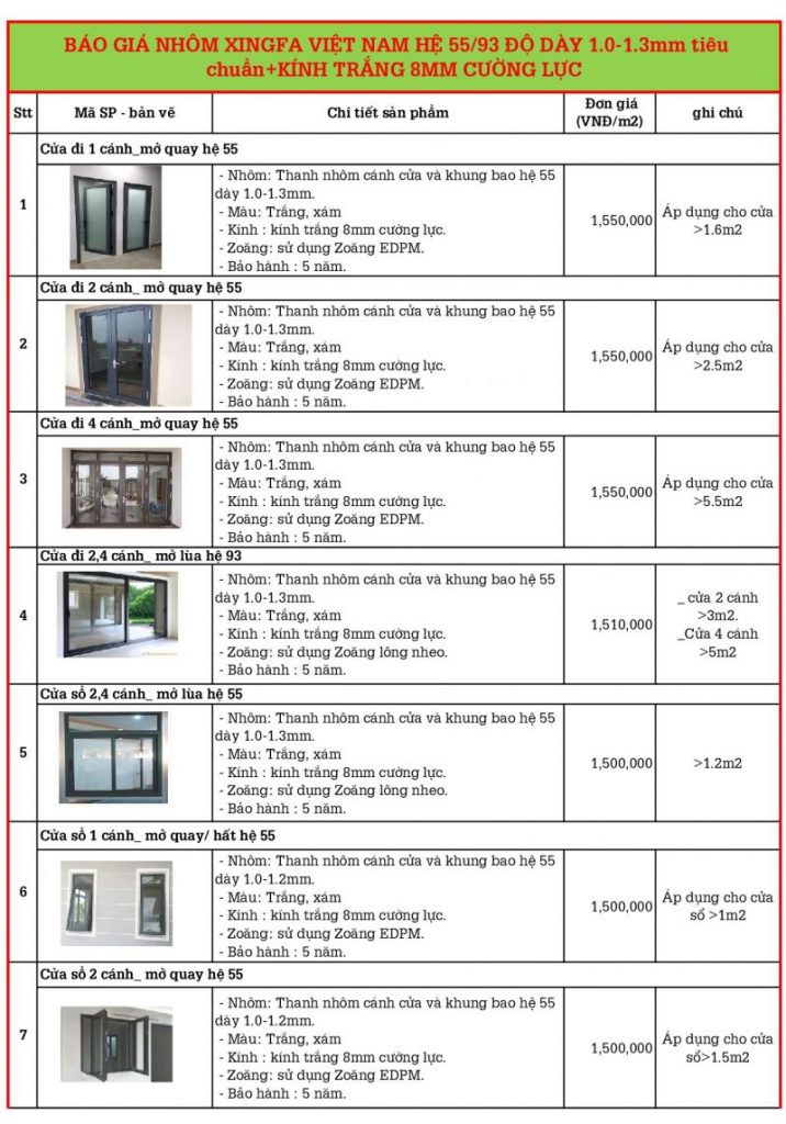 bảng báo giá cửa nhôm xingfa việt nam